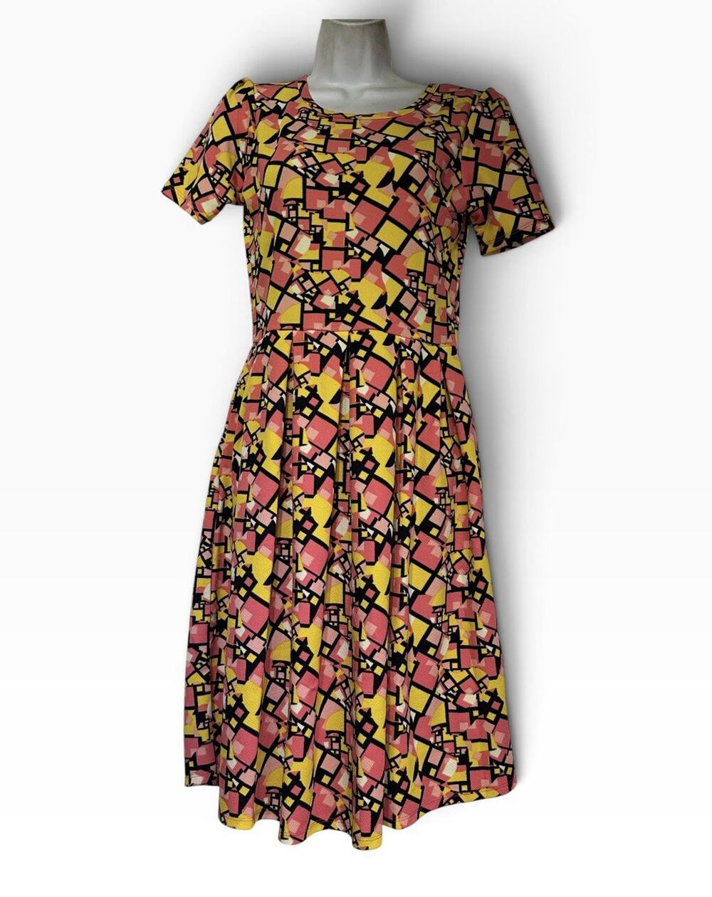 LuLaRoe Women’s Size M Geometric Abstract Print Fit Flare Midi Dress Pink Yellow